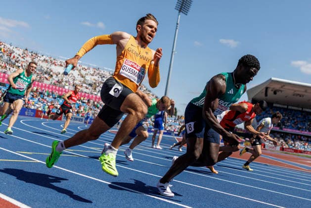 BIRMINGHAM, GREAT BRITAIN - AUGUST 15, 2026: 4x100m men, qualification, Heiko GUSSMANN (GER Germany) competing during the European Athletics Championships at Alexander Stadium on August 15, 2026 in Birmingham, Great Britain. Great Britain Copyright: xAxelxKohringx