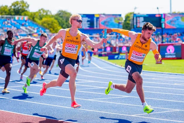 BIRMINGHAM, GREAT BRITAIN - AUGUST 15, 2026 : Marvin SCHULTE (GER Germany) and Heiko GUSSMANN (GER Germany) competing in the 4x100m relay heats during the European Athletics Championships at Alexander Stadium on August 15, 2026 in Birmingham, Great Britain. Great Britain Copyright: xLeahxKohringx