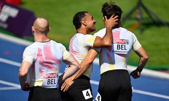 Belgian Antoine Snyders; Belgium s CÃ dric Verschueren and Belgium s Amine Kasmi celebrate after the first round of the men s 4x100m relay race, on the seventh day of the European Athletics Championships (August 10-18) in Birmingham, United Kingdom, on Saturday 15 August 2026. ERICxLALMAND  x183429316x
