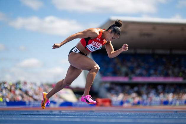 BIRMINGHAM, UNITED KINGDOM - AUGUST 15: SalomÃ Kora of Switzerland competes in the Women s 4x100m Relay during the European Athletics Championships at Alexander Stadium on August 15, 2026 in Birmingham, United Kingdom. England United Kingdom Copyright: xBEAUTIFULxSPORTS TobiasxLacknerx