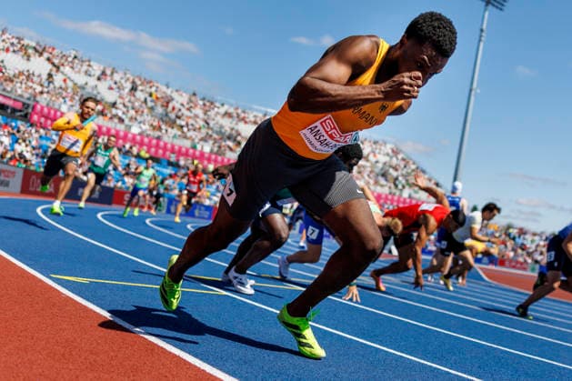 BIRMINGHAM, GREAT BRITAIN - AUGUST 15, 2026: 4x100m men, qualification, Heiko GUSSMANN (GER Germany), Lucas ANSAH-PEPRAH (GER Germany) competing during the European Athletics Championships at Alexander Stadium on August 15, 2026 in Birmingham, Great Britain. Great Britain Copyright: xAxelxKohringx
