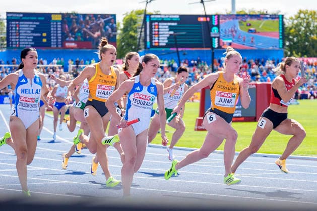 BIRMINGHAM, GREAT BRITAIN - AUGUST 15, 2026 : Rebekka HAASE (GER Germany) and Sophia JUNK (GER Germany) competing in the 4x100m relay heats during the European Athletics Championships at Alexander Stadium on August 15, 2026 in Birmingham, Great Britain. Great Britain Copyright: xLeahxKohringx