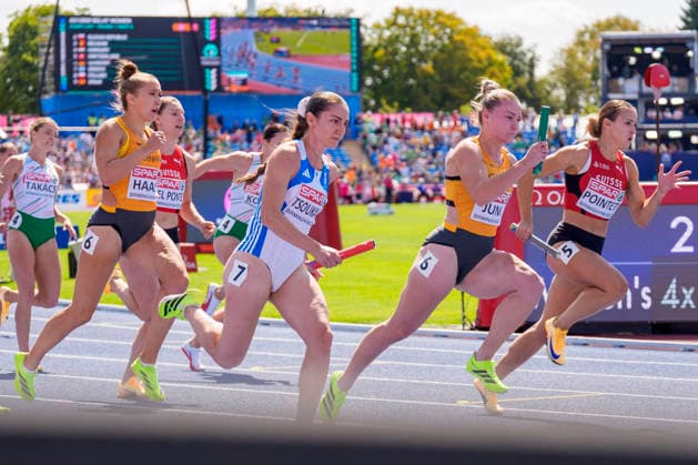 BIRMINGHAM, GREAT BRITAIN - AUGUST 15, 2026 : Rebekka HAASE (GER Germany) and Sophia JUNK (GER Germany) competing in the 4x100m relay heats during the European Athletics Championships at Alexander Stadium on August 15, 2026 in Birmingham, Great Britain. Great Britain Copyright: xLeahxKohringx