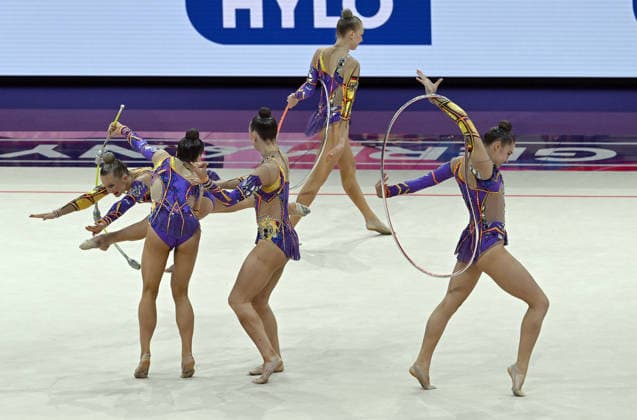 15.08.2026, xhbx, Rhythmische Sportgymnastik Weltmeisterschaft 2026, v.l. Team, Gruppe, Group, Mannschaft Deutschland, Germany (besteht aus: Alisa Datsenko, Anja Kosan, Alina Ott, Helena Ripken, Anna-Maria Shatokhin) 3 Reifen, 2 Keulen Übung Frankfurt am Main *** August 15, 2026, xhbx, 2026 Rhythmic Gymnastics World Championships, from left: Team, Group, Germany consists of Alisa Datsenko, Anja Kosan, Alina Ott, Helena Ripken, Anna Maria Shatokhin; 3 hoops, 2 clubs routine; Frankfurt am Main