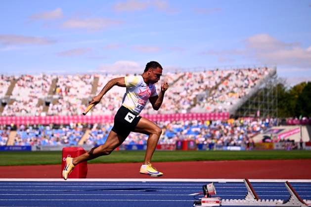 European Athletics Championships Birmingham 2026 - day 6 BIRMINGHAM, ENGLAND - AUGUST 15 : Kasmi Amine (BEL), Botterman Emiel (BEL), Snyders Antoine (BEL) and Verschueren Cedric (BEL) of the Belgien Falcons of the Belgian Rockets on day 6 of the Birmingham 2026 European Athletics Championships on August 15, 2026 in Birmingham, England, 15 08 2026 Birmingham ENGLAND  Copyright: xTomasxSiskx