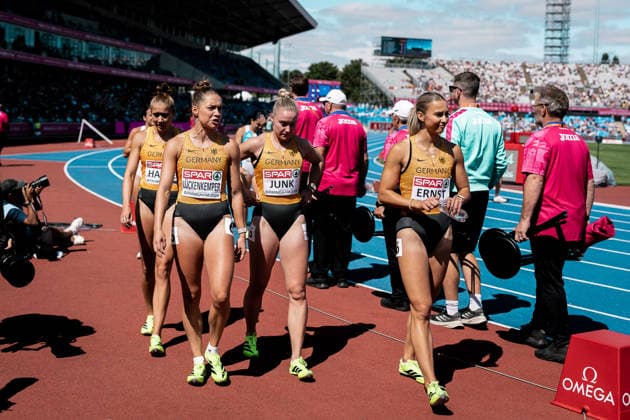 Jolina Ernst (TV Wattenscheid 01, 4x100m Staffel Frauen), Rebekka Haase (Sprintteam Wetzlar, 4x100m Staffel Frauen), Sophia Junk (LG Rhein-Wied, 4x100m Staffel Frauen), Gina Lueckenkemper (SCC Berlin, 4x100m Staffel Frauen), GBR, Leichtathletik, Athletics, European Athletics Championships 2026, Leichtathletik Europameisterschaft 2026, Birmingham 2026, 09.08.2026, GBR, Leichtathletik, Athletics, European Athletics Championships 2026, Leichtathletik Europameisterschaft 2026, Birmingham 2026, 09.08.2026 Birmingham *** Jolina Ernst, TV Wattenscheid 01, Women s 4x100m Relay; Rebekka Haase, Sprintteam Wetzlar, Women s 4x100m Relay; Sophia Junk, LG Rhein Wied, Women s 4x100m Relay; Gina Lueckenkemper, SCC Berlin, Women’s 4x100m Relay, GBR, Track and Field, Athletics, 2026 European Athletics Championships, 2026 European Track and Field Championships, Birmingham 2026, August 9, 2026, GBR, Track and Field, Athletics, 2026 European Athletics Championships, 2026 European Track and Field Championships, Birmingham 2026, August 9, 2026, Birmingham Copyright: xStefanxMayerx EP_SMR
