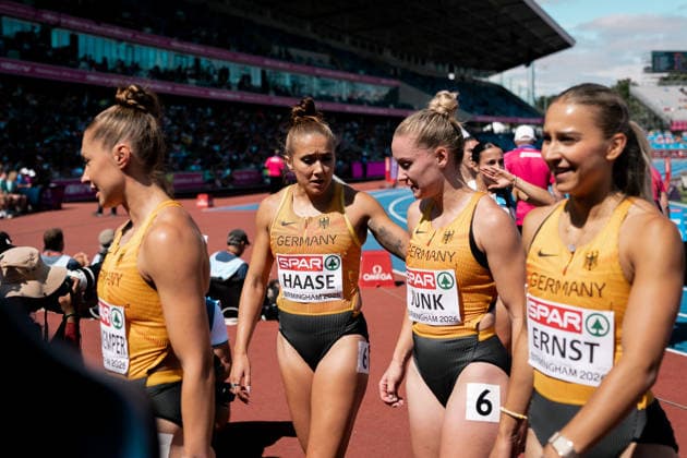 Jolina Ernst (TV Wattenscheid 01, 4x100m Staffel Frauen), Rebekka Haase (Sprintteam Wetzlar, 4x100m Staffel Frauen), Sophia Junk (LG Rhein-Wied, 4x100m Staffel Frauen), Gina Lueckenkemper (SCC Berlin, 4x100m Staffel Frauen), GBR, Leichtathletik, Athletics, European Athletics Championships 2026, Leichtathletik Europameisterschaft 2026, Birmingham 2026, 09.08.2026, GBR, Leichtathletik, Athletics, European Athletics Championships 2026, Leichtathletik Europameisterschaft 2026, Birmingham 2026, 09.08.2026 Birmingham *** Jolina Ernst, TV Wattenscheid 01, Women s 4x100m Relay; Rebekka Haase, Sprintteam Wetzlar, Women s 4x100m Relay; Sophia Junk, LG Rhein Wied, Women s 4x100m Relay; Gina Lueckenkemper, SCC Berlin, Women’s 4x100m Relay, GBR, Track and Field, Athletics, 2026 European Athletics Championships, 2026 European Track and Field Championships, Birmingham 2026, August 9, 2026, GBR, Track and Field, Athletics, 2026 European Athletics Championships, 2026 European Track and Field Championships, Birmingham 2026, August 9, 2026, Birmingham Copyright: xStefanxMayerx EP_SMR