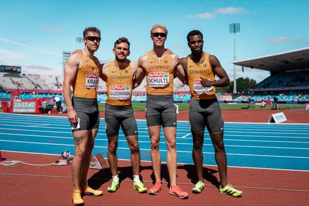 Kevin Kranz (Sprintteam Wetzlar, 4x100m Staffel Maenner), Marvin Schulte (ASV Koeln, 4x100m Staffel Maenner), Heiko Gussmann (Sprintteam Wetzlar, 4x100m Staffel Maenner), Lucas Ansah-Peprah (Hamburger SV, 4x100m Staffel Maenner), GBR, Leichtathletik, Athletics, European Athletics Championships 2026, Leichtathletik Europameisterschaft 2026, Birmingham 2026, 09.08.2026, GBR, Leichtathletik, Athletics, European Athletics Championships 2026, Leichtathletik Europameisterschaft 2026, Birmingham 2026, 09.08.2026 Birmingham *** Kevin Kranz, Sprintteam Wetzlar, Men s 4x100m Relay; Marvin Schulte, ASV Cologne, Men s 4x100m Relay; Heiko Gussmann, Sprintteam Wetzlar, Men s 4x100m Relay, Lucas Ansah Peprah, Hamburger SV, Men s 4x100m Relay, GBR, Track and Field, Athletics, 2026 European Athletics Championships, 2026 European Track and Field Championships, Birmingham 2026, August 9, 2026, GBR, Track and Field, Athletics, 2026 European Athletics Championships, 2026 European Track and Field Championships, Birmingham 2026, August 9, 2026, Birmingham Copyright: xStefanxMayerx EP_SMR