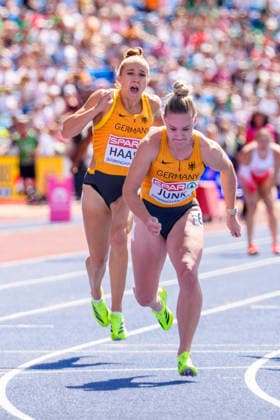 BIRMINGHAM, GREAT BRITAIN - AUGUST 15, 2026 : Rebekka HAASE (GER Germany) and Sophia JUNK (GER Germany) competing in the 4x100m relay heats during the European Athletics Championships at Alexander Stadium on August 15, 2026 in Birmingham, Great Britain. Great Britain Copyright: xLeahxKohringx