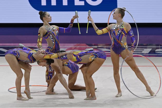 15.08.2026, xhbx, Rhythmische Sportgymnastik Weltmeisterschaft 2026, v.l. Team, Gruppe, Group, Mannschaft Deutschland, Germany (besteht aus: Alisa Datsenko, Anja Kosan, Alina Ott, Helena Ripken, Anna-Maria Shatokhin) 3 Reifen, 2 Keulen Übung Frankfurt am Main *** August 15, 2026, xhbx, 2026 Rhythmic Gymnastics World Championships, from left: Team, Group, Germany consists of Alisa Datsenko, Anja Kosan, Alina Ott, Helena Ripken, Anna Maria Shatokhin; 3 hoops, 2 clubs routine; Frankfurt am Main