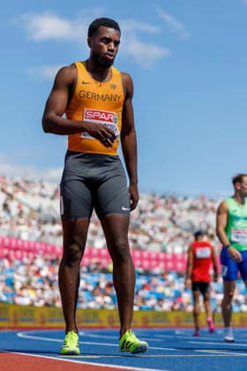 BIRMINGHAM, GREAT BRITAIN - AUGUST 15, 2026: 4x100m men, qualification, Lucas ANSAH-PEPRAH (GER Germany) competing during the European Athletics Championships at Alexander Stadium on August 15, 2026 in Birmingham, Great Britain. Great Britain Copyright: xAxelxKohringx