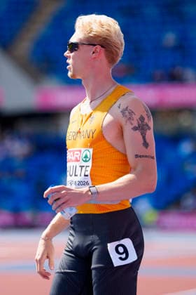 BIRMINGHAM, GREAT BRITAIN - AUGUST 15, 2026 : Marvin SCHULTE (GER Germany) competing in the 4x100m relay heats during the European Athletics Championships at Alexander Stadium on August 15, 2026 in Birmingham, Great Britain. Great Britain Copyright: xLeahxKohringx