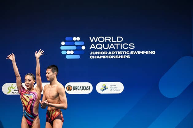 (260815) -- BUDAPEST, Aug. 15, 2026 -- Chen Xiuping Wang Ziyan (L) of China react during the Mixed Duet Free Event of the World Aquatics Junior Artistic Swimming Championships in Budapest, Hungary, on Aug. 15, 2026. (Photo by Xinhua) (SP)HUNGARY-BUDAPEST-ARTISTIC SWIMMING-WORLD JUNIOR CHAMPIONSHIPS-MIXED DUET FREE DavidxBalogh 
