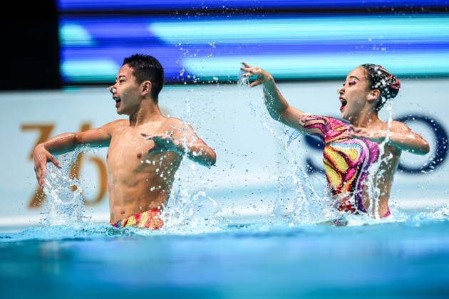 (260815) -- BUDAPEST, Aug. 15, 2026 -- Chen Xiuping Wang Ziyan (R) of China perform during the Mixed Duet Free Event of the World Aquatics Junior Artistic Swimming Championships in Budapest, Hungary, on Aug. 15, 2026. (Photo by Xinhua) (SP)HUNGARY-BUDAPEST-ARTISTIC SWIMMING-WORLD JUNIOR CHAMPIONSHIPS-MIXED DUET FREE DavidxBalogh 