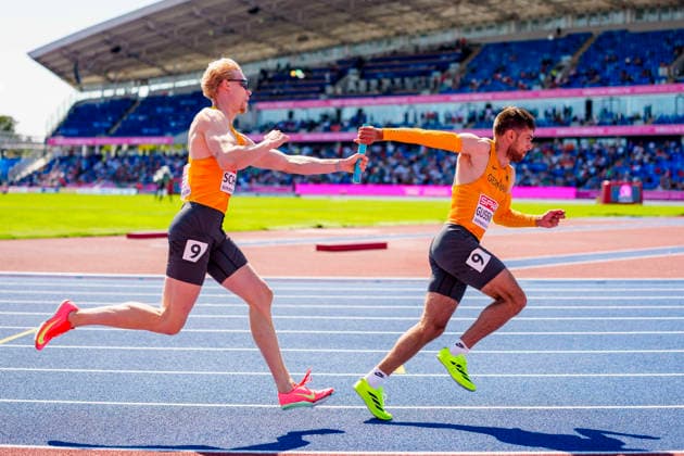 BIRMINGHAM, GREAT BRITAIN - AUGUST 15, 2026 : Marvin SCHULTE (GER Germany) and Heiko GUSSMANN (GER Germany) competing in the 4x100m relay heats during the European Athletics Championships at Alexander Stadium on August 15, 2026 in Birmingham, Great Britain. Great Britain Copyright: xLeahxKohringx