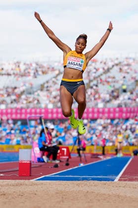 BIRMINGHAM, GREAT BRITAIN - AUGUST 15, 2026 : Mikaelle ASSANI (GER Germany) competing in the long jump qualification during the European Athletics Championships at Alexander Stadium on August 15, 2026 in Birmingham, Great Britain. Great Britain Copyright: xLeahxKohringx