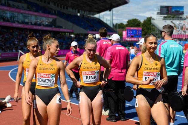 BIRMINGHAM, GREAT BRITAIN - August 15: Sophia Junk, Gina Lückenkemper, Rebecca Haase and Jolina Ernst of Germany after the 4x100 metres relay heat race during the European Athletics Championships 2026 at Alexander Stadium in Birmingham, Great Britain (Photo by Sven Beyrich Sports Press Photo)  Copyright: xSvenxBeyrich SportsxPressxPhotox Sportspressphoto_SPR206943