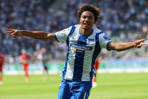 BERLIN, DEUTSCHLAND - AUGUST 15: goal, celebration, cheering. Oluwaseun Adewumin (Hertha BSC 19) cheers after scoring the 4:1 goal, during the match in the 2. German Bundesliga: Hertha BSC - 1. FC Heidenheim at Olympiastadion Berlin on matchday 29 on August 15, 2026 in Berlin, Deutschland. DFB regulations prohibit any use of photographs as image sequences and or quasi video. Berlin Deutschland Copyright: xO.Frankex
