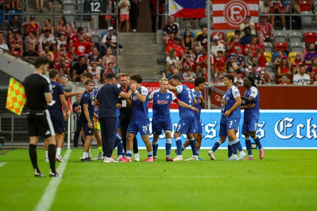 15.08.2026, GER, Fussball, Herren, 3. Liga , Saison 2026 2027, Fortuna Düsseldorf - TSG Hoffenheim II Jakov DediÄ‡ (TSG II) Torjubel, jubelt mit seiner Mannschaft nach dem Treffer zum 0:2 *** August 15, 2026, Germany, Soccer, Men s, 3rd Division, 2026–2027 Season, Fortuna Düsseldorf vs. TSG Hoffenheim II, Jakov Dedic (TSG II) celebrates the goal, cheering with his team after scoring to make it 0–2 Copyright: xSvenxHanischx
