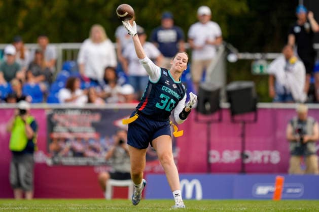 Saskia Nuhse (Germany) in action during the Women s 2026 IFAF Flag Football World Championships quarter-final match between USA v Germany at Flag Football Complex Dusseldorf-Garath on August 15, 2026 in Dusseldorf, Germany. (Photo by Alex Gottschalk DeFodi Images) - *** Saskia Nuhse of Germany in action during the quarterfinal match of the 2026 IFAF Women’s Flag Football World Championships between the U.S. and Germany at the Flag Football Complex Düsseldorf-Garath on August 15, 2026, in Düsseldorf, Germany. Photo by Alex Gottschalk, DeFodi Images
