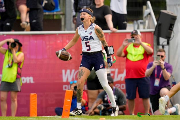 Madison Fulford (USA) celebrates during the Women s 2026 IFAF Flag Football World Championships quarter-final match between USA v Germany at Flag Football Complex Dusseldorf-Garath on August 15, 2026 in Dusseldorf, Germany. (Photo by Alex Gottschalk DeFodi Images) - *** Madison Fulford of the U.S. celebrates during the quarterfinal match of the 2026 IFAF Women’s Flag Football World Championships between the U.S. and Germany at the Flag Football Complex Düsseldorf-Garath on August 15, 2026, in Düsseldorf, Germany. Photo by Alex Gottschalk, DeFodi Images