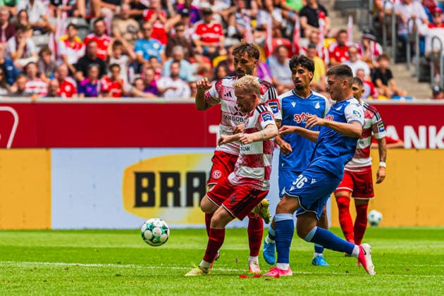 Jomaine Consbruch (Fortuna Düsseldorf, 14) beim Schuss, Fabian Schleusener (Fortuna Düsseldorf, 24), Jakov Dedic (TSG Hoffenheim II, 36) Fortuna Duesseldorf vs. TSG Hoffenheim II, Fussball, 3.Liga, 02.Spieltag, Saison 2026 27, 15.08.2026, DFL REGULATIONS PROHIBIT ANY USE OF PHOTOGRAPHS AS IMAGE SEQUENCES AND OR QUASI-VIDEO, Fortuna Duesseldorf vs. TSG Hoffenheim II, Fussball, 3.Liga, 2.Spieltag, Saison 2026 27, 15.08.2026 Düsseldorf *** Jomaine Consbruch, Fortuna Düsseldorf, 14, on the shot, Fabian Schleusener, Fortuna Düsseldorf, 24, Jakov Dedic, TSG Hoffenheim II, 36, Fortuna Düsseldorf vs. TSG Hoffenheim II, Soccer, 3rd Division, Matchday 2, 2026–27 Season, August 15, 2026, DFL regulations prohibit any use of photographs as image sequences and or quasi-video. Fortuna Düsseldorf vs. TSG Hoffenheim II, soccer, 3. Liga, Matchday 2, 2026–27 Season, August 15, 2026, Düsseldorf Copyright: xEibner-Pressefoto LukasxBaldygax EP_LBA