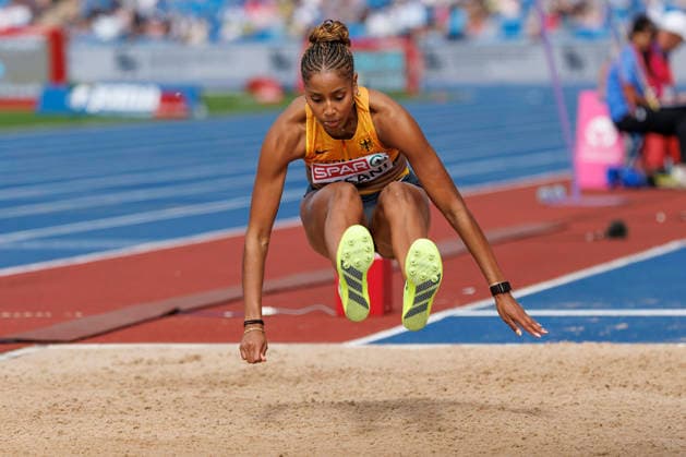 BIRMINGHAM, GREAT BRITAIN - AUGUST 15, 2026: Mikaelle ASSANI (GER Germany) competing in the long jump qualification round during the European Athletics Championships at Alexander Stadium on August 15, 2026 in Birmingham, Great Britain. Great Britain Copyright: xAxelxKohringx