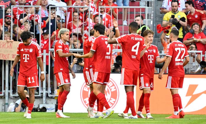 TOR zum 1:0 Luis Diaz FC Bayern Muenchen FCB (14) Torjubel Nathaniel Brown FC Bayern Muenchen FCB (11) Min-jae Kim FC Bayern Muenchen FCB (03) Jonathan Tah FC Bayern Muenchen FCB (04) Arjion Ibrahimovic FC Bayern Muenchen FCB (22) Ismael Saibari FC Bayern Muenchen FCB (34) FC Bayern Muenchen FCB vs RB Leipzig RBL Telekom Cup 15.08.2026 DFL REGULATIONS PROHIBIT ANY USE OF PHOTOGRAPHS AS IMAGE SEQUENCES AND OR QUASI-VIDEO FC Bayern Muenchen FCB vs RB Leipzig RBL *** GOAL: 1-0 Luis Diaz, FC Bayern Munich (FCB) 14 Goal celebration: Nathaniel Brown, FC Bayern Munich (FCB) 11 Min Jae Kim, FC Bayern Munich (FCB) 03 Jonathan Tah, FC Bayern Munich (FCB) 04 Arjion Ibrahimovic, FC Bayern Munich (FCB) 22 Ismael Saibari, FC Bayern Munich (FCB) 34, FC Bayern Munich (FCB) vs. RB Leipzig (RBL), Telekom Cup, August 15, 2026. DFL regulations prohibit any use of photographs as image sequences and or quasi-video. FC Bayern Munich FCB vs. RB Leipzig RBL
