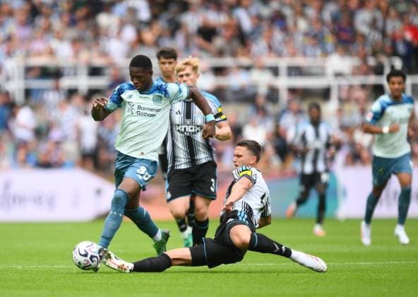 Sven Botman of Newcastle United challenges Christian Kofane of Bayer Leverkusen Newcastle United v Bayer Leverkusen, Pre Season Friendly, Football, St James Park, Newcastle, UK - 15 Aug 2026Newcastle St James Park United Kingdom EDITORIAL USE ONLY No use with unauthorised audio, video, data, fixture lists, club league logos or live services. Online in-match use limited to 120 images, no video emulation. No use in betting, games or single club league player publications.  Copyright: xRichardxLee Shutterstockx 17070129u