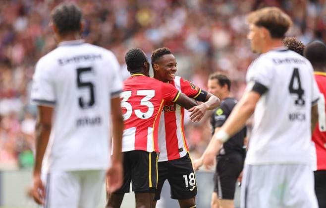 Mamadou Sangare of Brentford celebrates scoring their sides second goal Brentford v Eintracht Frankfurt, Pre Season Friendly, Football, Gtech Community Stadium, London, UK - 15 Aug 2026London Gtech Community Stadium United Kingdom EDITORIAL USE ONLY No use with unauthorised audio, video, data, fixture lists, club league logos or live services. Online in-match use limited to 120 images, no video emulation. No use in betting, games or single club league player publications.  Copyright: xMichaelxZemanek Shutterstockx 17070130e