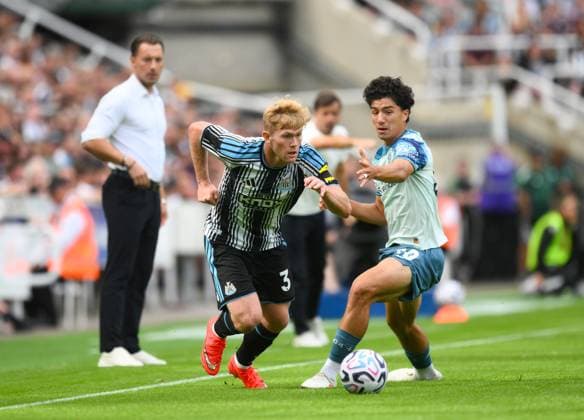 Lewis Hall of Newcastle United gets the ball past Ibrahim Maza of Bayer Leverkusen Newcastle United v Bayer Leverkusen, Pre Season Friendly, Football, St James Park, Newcastle, UK - 15 Aug 2026Newcastle St James Park United Kingdom EDITORIAL USE ONLY No use with unauthorised audio, video, data, fixture lists, club league logos or live services. Online in-match use limited to 120 images, no video emulation. No use in betting, games or single club league player publications.  Copyright: xRichardxLee Shutterstockx 17070129v