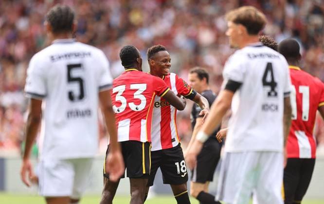Mamadou Sangare of Brentford celebrates scoring their sides second goal Brentford v Eintracht Frankfurt, Pre Season Friendly, Football, Gtech Community Stadium, London, UK - 15 Aug 2026London Gtech Community Stadium United Kingdom EDITORIAL USE ONLY No use with unauthorised audio, video, data, fixture lists, club league logos or live services. Online in-match use limited to 120 images, no video emulation. No use in betting, games or single club league player publications.  Copyright: xMichaelxZemanek Shutterstockx 17070130d
