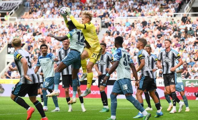 Lukas Hornicek goalkeeper for Newcastle United gets the ball Newcastle United v Bayer Leverkusen, Pre Season Friendly, Football, St James Park, Newcastle, UK - 15 Aug 2026Newcastle St James Park United Kingdom EDITORIAL USE ONLY No use with unauthorised audio, video, data, fixture lists, club league logos or live services. Online in-match use limited to 120 images, no video emulation. No use in betting, games or single club league player publications.  Copyright: xRichardxLee Shutterstockx 17070129x