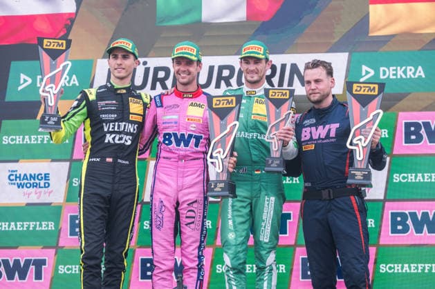 15.08.2026, GER, Motorsport, ADAC DTM, Saison 2026, Nürburgring Rennsieger Matteo Cairoli ( Italien, Emil Frey Racing, Ferrari 296 GT3, 14 ), Zweitplatzierter Thomas Preining ( Österreich, Manthey, Porsche 911 GT3 R, 91 ) und Drittplatzierter Marco Wittmann ( Deutschland, Schubert Motorsport, BMW M4 GT3 Evo, 11 ) jubeln auf dem Podium Nürburg Nürburgring Rheinland-Pfalz Deutschland *** August 15, 2026, GER, Motorsports, ADAC DTM, 2026 Season, Nürburgring Race Winner Matteo Cairoli (Italy), Emil Frey Racing, Ferrari 296 GT3, 14, Runner-up Thomas Preining (Austria), Manthey, Porsche 911 GT3 R, 91, and third-place finisher Marco Wittmann (Germany), Schubert Motorsport, BMW M4 GT3 Evo, 11, celebrate on the podium at the Nürburgring in Rhineland-Palatinate, Germany Copyright: xnordphotoxGmbHx xKnabx