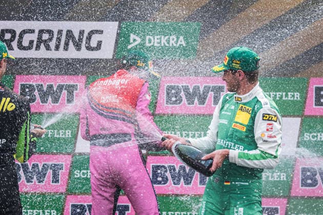 15.08.2026, GER, Motorsport, ADAC DTM, Saison 2026, Nürburgring Rennsieger Matteo Cairoli ( Italien, Emil Frey Racing, Ferrari 296 GT3, 14 ), Zweitplatzierter Thomas Preining ( Österreich, Manthey, Porsche 911 GT3 R, 91 ) und Drittplatzierter Marco Wittmann ( Deutschland, Schubert Motorsport, BMW M4 GT3 Evo, 11 ) feiern auf dem Podium Nürburg Nürburgring Rheinland-Pfalz Deutschland *** August 15, 2026, GER, Motorsports, ADAC DTM, 2026 Season, Nürburgring Race Winner Matteo Cairoli (Italy), Emil Frey Racing, Ferrari 296 GT3, 14, Runner-up Thomas Preining (Austria), Manthey, Porsche 911 GT3 R, 91, and third-place finisher Marco Wittmann (Germany), Schubert Motorsport, BMW M4 GT3 Evo, 11, celebrate on the podium at the Nürburgring in Rhineland-Palatinate, Germany Copyright: xnordphotoxGmbHx xKnabx