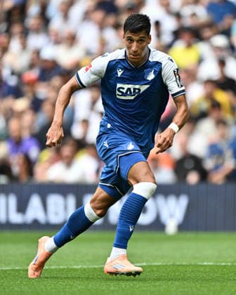 GB. LONDON 15 AUGUST: Adam Daghim of TSG 1899 Hoffenheim runs with the ball during the pre-season friendly match against Tottenham Hotspur at Tottenham Hotspur Stadium. The player wears the Macron kit featuring the SAP sponsor logo. Photo Sebastian Frej Tottenham Hotspur v TSG 1899 Hoffenheim Copyright: xx