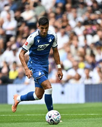 GB. LONDON 15 AUGUST: Adam Daghim of TSG 1899 Hoffenheim runs with the ball during the pre-season friendly match against Tottenham Hotspur at Tottenham Hotspur Stadium. The player wears the Macron kit featuring the SAP sponsor logo. Photo Sebastian Frej Tottenham Hotspur v TSG 1899 Hoffenheim Copyright: xx