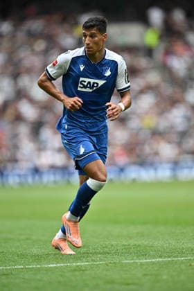 GB. LONDON 15 AUGUST: Adam Daghim of TSG 1899 Hoffenheim runs with the ball during the pre-season friendly match against Tottenham Hotspur at Tottenham Hotspur Stadium. The player wears the Macron kit featuring the SAP sponsor logo. Photo Sebastian Frej Tottenham Hotspur v TSG 1899 Hoffenheim Copyright: xx