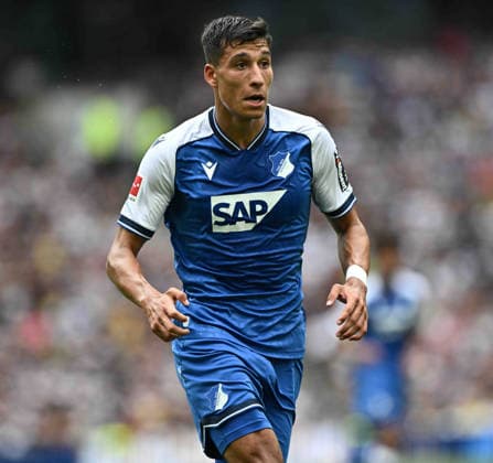 GB. LONDON 15 AUGUST: Adam Daghim of TSG 1899 Hoffenheim runs with the ball during the pre-season friendly match against Tottenham Hotspur at Tottenham Hotspur Stadium. The player wears the Macron kit featuring the SAP sponsor logo. Photo Sebastian Frej Tottenham Hotspur v TSG 1899 Hoffenheim Copyright: xx