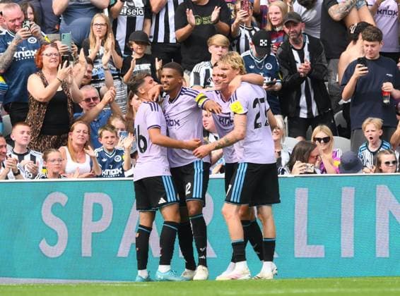Malick Thiaw of Newcastle United celebrates scoring their first goal Newcastle United v Bayer Leverkusen, Pre Season Friendly, Football, St James Park, Newcastle, UK - 15 Aug 2026Newcastle St James Park United Kingdom EDITORIAL USE ONLY No use with unauthorised audio, video, data, fixture lists, club league logos or live services. Online in-match use limited to 120 images, no video emulation. No use in betting, games or single club league player publications.  Copyright: xRichardxLee Shutterstockx 17070129ae