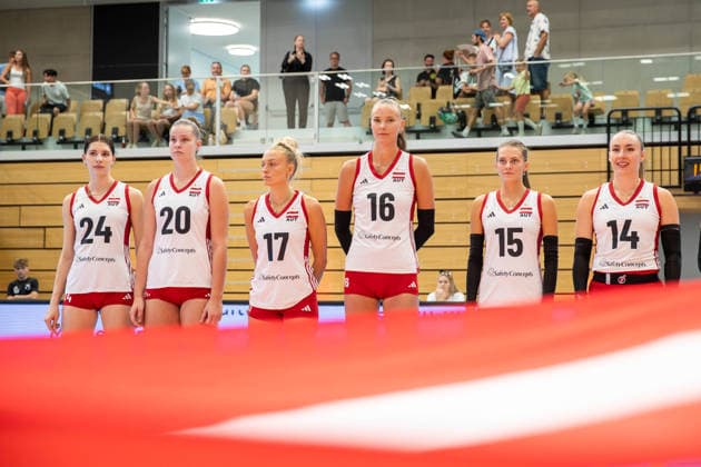 VOLLEYBALL - AUT vs GER, test match VIENNA,AUSTRIA,15.AUG.26 - VOLLEYBALL - OEVV international test match, ladies, Austria vs Germany. Image shows Dagmar Hensel, Diana Vavrek, Dana Schmit, Anamarija Galic, Marie-Kristin Bruckner and Kora Schaberl (AUT).  GEPAxpictures xGabrielxLopez