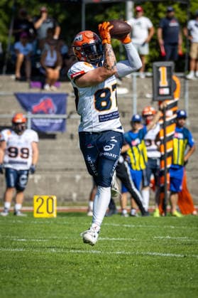 touchdown catch Tim Müller (ifm Razorbacks Ravensburg, 87 Wide Receiver) Munich Cowboys vs ifm Razorbacks Ravensburg, American Football, German Football League, Week 15, 2026, 15.08.2026, Munich Dantestadion Bayern Germany Copyright: xPFA SebastianxJustx
