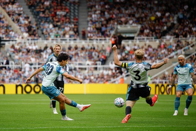 Newcastle United v Bayer 04 Leverkusen, Pre-Season Friendly Ibrahim Maza of Bayer Leverkusen scores his sides first goal of the match 0-1 during the Newcastle United v Bayer 04 Leverkusen at St. James Park, Newcastle Upon Tyne, England on 15 August 2026 Credit: Craig Cowan Every Second Media Editorial use only. All images are copyright Every Second Media Limited. No images may be reproduced without prior permission. Copyright: xIMAGO EveryxSecondxMediax ESM-2094-0084 CraigxCowanx xEveryxSecondxMediax