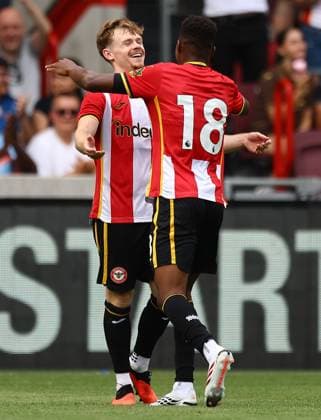 Keane Lewis-Potter of Brentford celebrates scoring their sides fifth goal Brentford v Eintracht Frankfurt, Pre Season Friendly, Football, Gtech Community Stadium, London, UK - 15 Aug 2026London Gtech Community Stadium United Kingdom EDITORIAL USE ONLY No use with unauthorised audio, video, data, fixture lists, club league logos or live services. Online in-match use limited to 120 images, no video emulation. No use in betting, games or single club league player publications.  Copyright: xMichaelxZemanek Shutterstockx 17070130aa