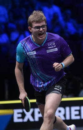 (260815) -- MALMO, Aug. 15, 2026 -- Alexis Lebrun of France celebrates scoring while competing against Harimoto Tomokazu of Japan during the men s singles quarterfinal match at the WTT Europe Smash Sweden 2026 in Malmo, Sweden, Aug. 15, 2026. ) (SP)SWEDEN-MALMO Table tennis, Tischtennis WTT EUROPE SMASH 2026-MEN S SINGLES WengxXinyang 
