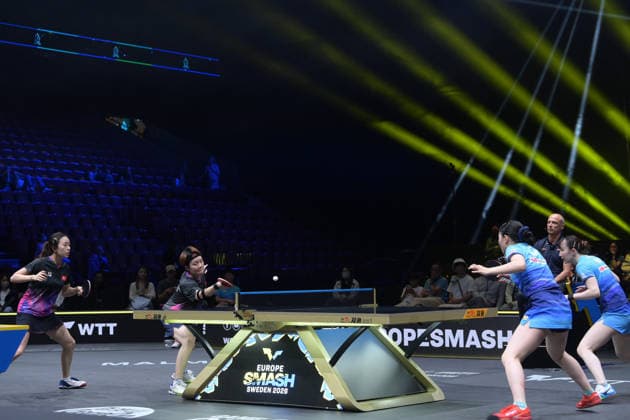 (260815) -- MALMO, Aug. 15, 2026 -- Doo Hoi Kem (2nd L) Ng Wing Lam (1st L) of China s Hong Kong compete against Harimoto Miwa Hayata Hina of Japan during the women s doubles final match at the WTT Europe Smash Sweden 2026 in Malmo, Sweden, Aug. 15, 2026. ) (SP)SWEDEN-MALMO Table tennis, Tischtennis WTT EUROPE SMASH 2026-WOMEN S DOUBLES WengxXinyang 