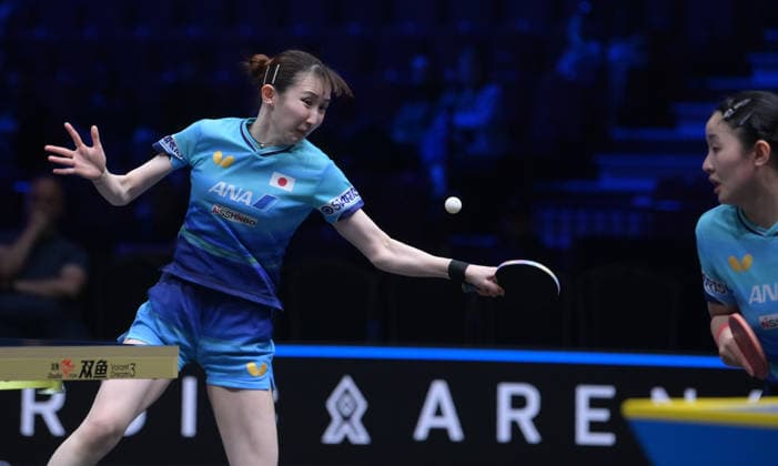 (260815) -- MALMO, Aug. 15, 2026 -- Harimoto Miwa Hayata Hina (L) of Japan compete against Doo Hoi Kem Ng Wing Lam of China s Hong Kong during the women s doubles final match at the WTT Europe Smash Sweden 2026 in Malmo, Sweden, Aug. 15, 2026. ) (SP)SWEDEN-MALMO Table tennis, Tischtennis WTT EUROPE SMASH 2026-WOMEN S DOUBLES WengxXinyang 
