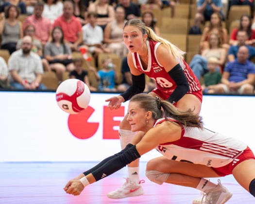 VOLLEYBALL - AUT vs GER, test match VIENNA,AUSTRIA,15.AUG.26 - VOLLEYBALL - OEVV international test match, ladies, Austria vs Germany. Image shows Eva Stabentheiner and Marie-Kristin Bruckner (AUT).  GEPAxpictures xGabrielxLopez