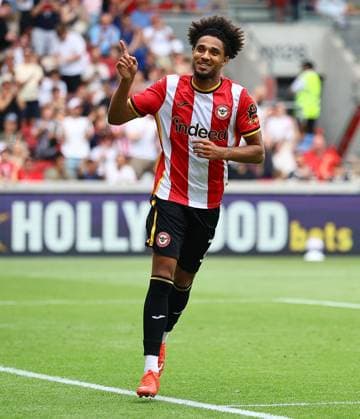 Kevin Schade of Brentford celebrates scoring their sides seventh goal Brentford v Eintracht Frankfurt, Pre Season Friendly, Football, Gtech Community Stadium, London, UK - 15 Aug 2026London Gtech Community Stadium United Kingdom EDITORIAL USE ONLY No use with unauthorised audio, video, data, fixture lists, club league logos or live services. Online in-match use limited to 120 images, no video emulation. No use in betting, games or single club league player publications.  Copyright: xMichaelxZemanek Shutterstockx 17070130aj