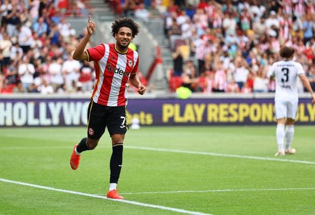 Kevin Schade of Brentford celebrates scoring their sides seventh goal Brentford v Eintracht Frankfurt, Pre Season Friendly, Football, Gtech Community Stadium, London, UK - 15 Aug 2026London Gtech Community Stadium United Kingdom EDITORIAL USE ONLY No use with unauthorised audio, video, data, fixture lists, club league logos or live services. Online in-match use limited to 120 images, no video emulation. No use in betting, games or single club league player publications.  Copyright: xMichaelxZemanek Shutterstockx 17070130ai